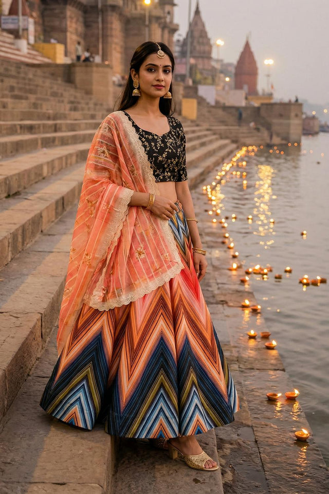 Multi Color Printed Satin Lehenga (ACA5768)