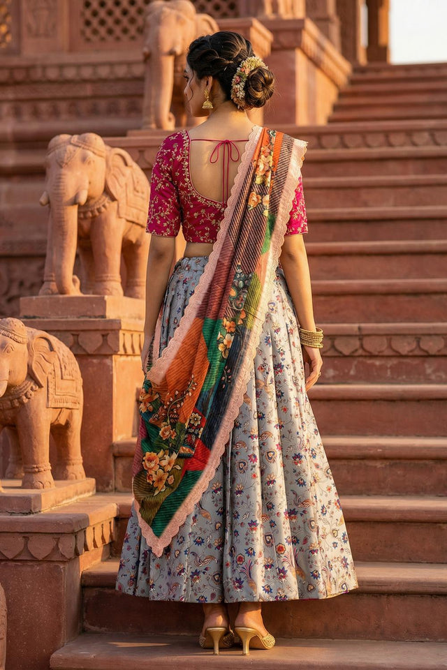 Grey Floral Printed Satin Lehenga (ACA5770)