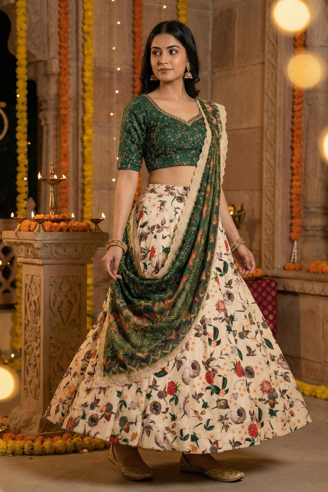 Peach Floral Printed Satin Lehenga (ACA5771)