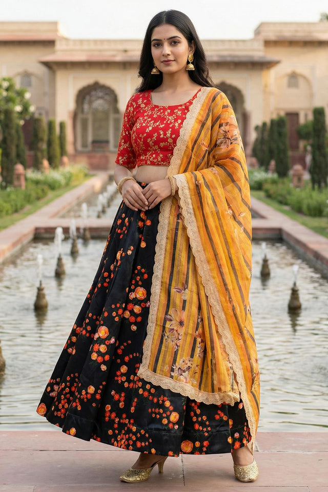 Black Floral Printed Satin Lehenga (ACA5772)