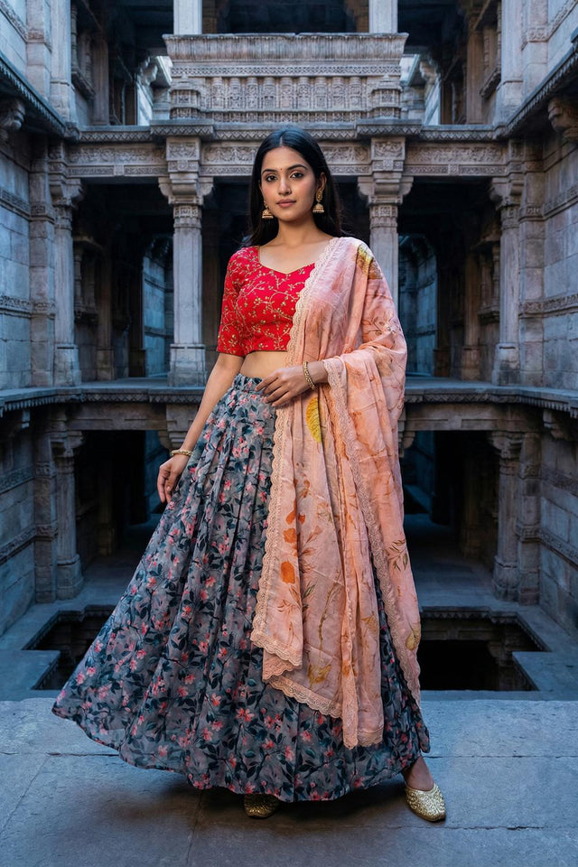 Grey Floral Printed Satin Lehenga (ACA5773)