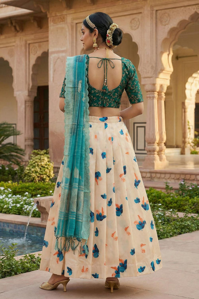 Beige Floral Printed Satin Lehenga (ACA5775)