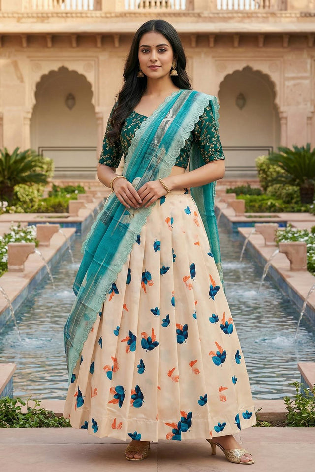Beige Floral Printed Satin Lehenga (ACA5775)
