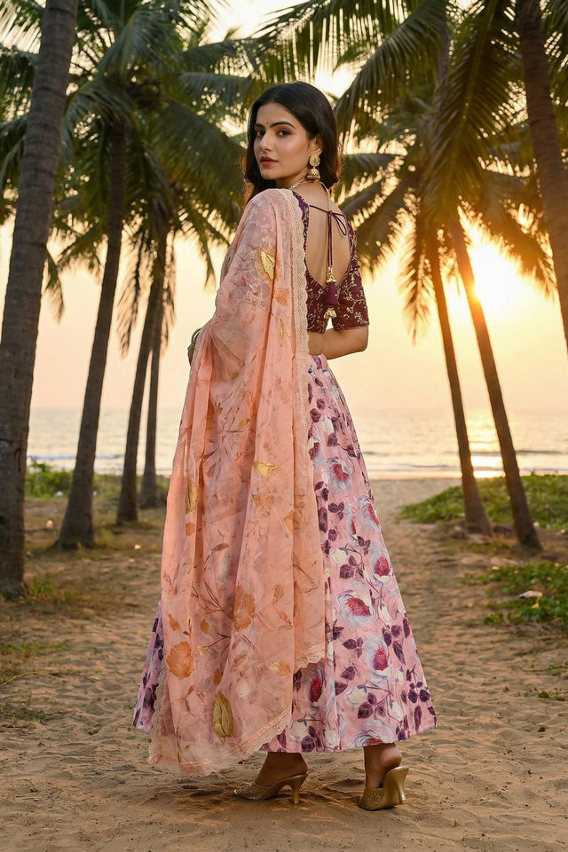Violet Floral Printed Satin Lehenga (ACA5776)