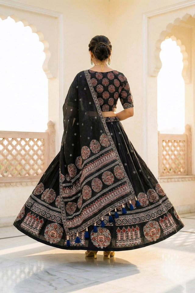 Black Printed Cotton Blend Lehenga (ACA5780)