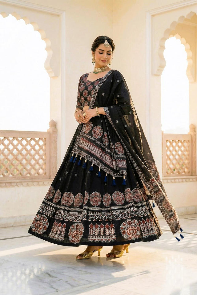 Black Printed Cotton Blend Lehenga (ACA5780)