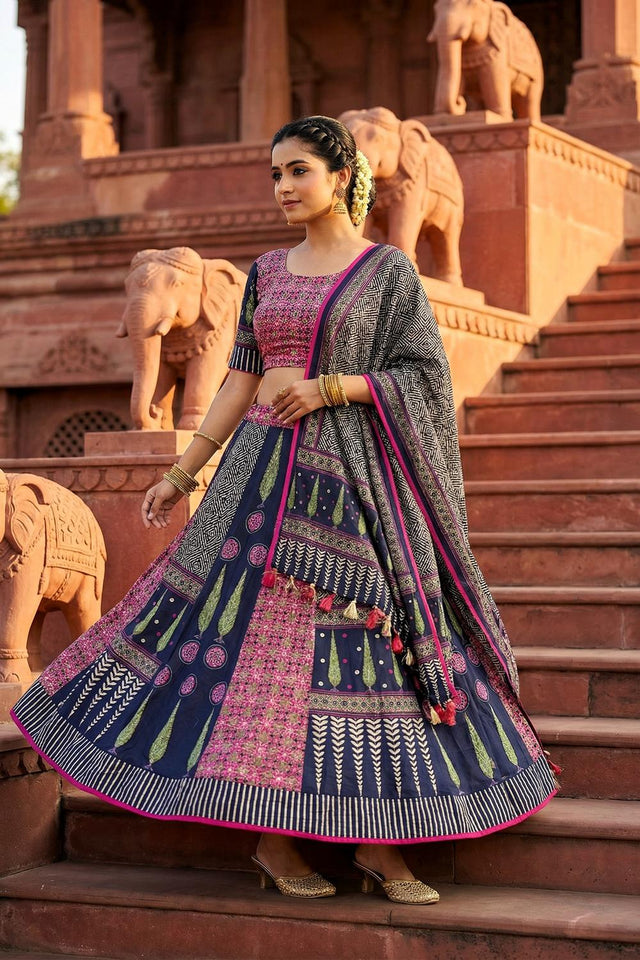 Blue Printed Cotton Blend Lehenga (ACA5783)