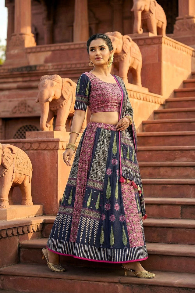Blue Printed Cotton Blend Lehenga (ACA5783)