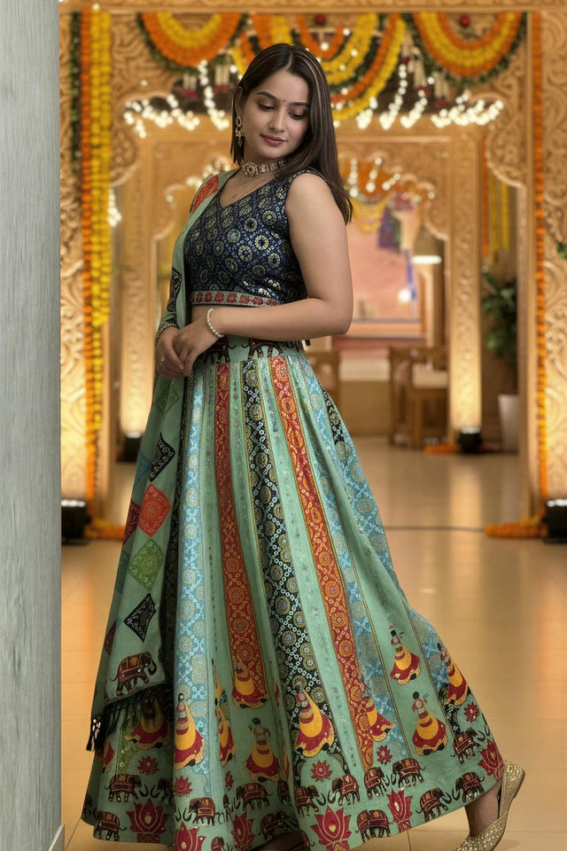Green Printed Cotton Blend Lehenga (ACA5785)