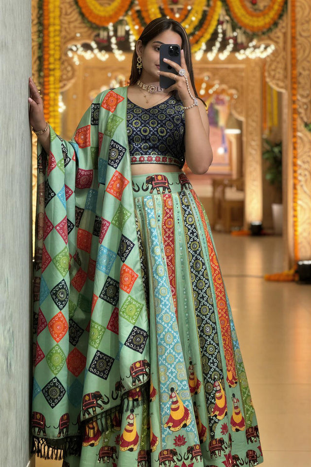 Green Printed Cotton Blend Lehenga (ACA5785)