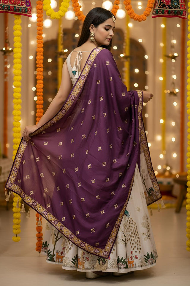 Off White Printed Cotton Blend Lehenga (ACA5788)