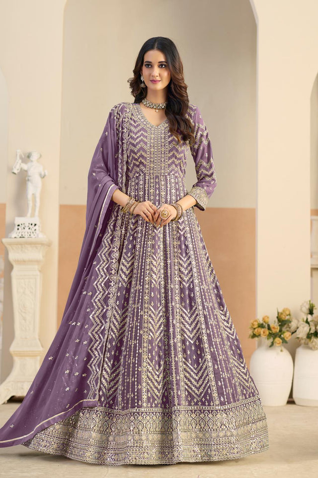 Violet Sequin with Embroidered Georgette Gown (ACA5795)