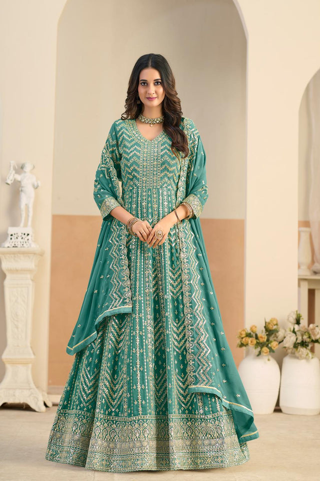 Turquoise Sequin with Embroidered Georgette Gown (ACA5796)