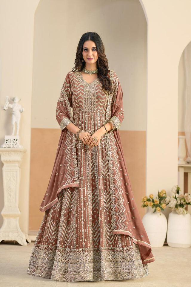 Rust Sequin with Embroidered Georgette Gown (ACA5797)