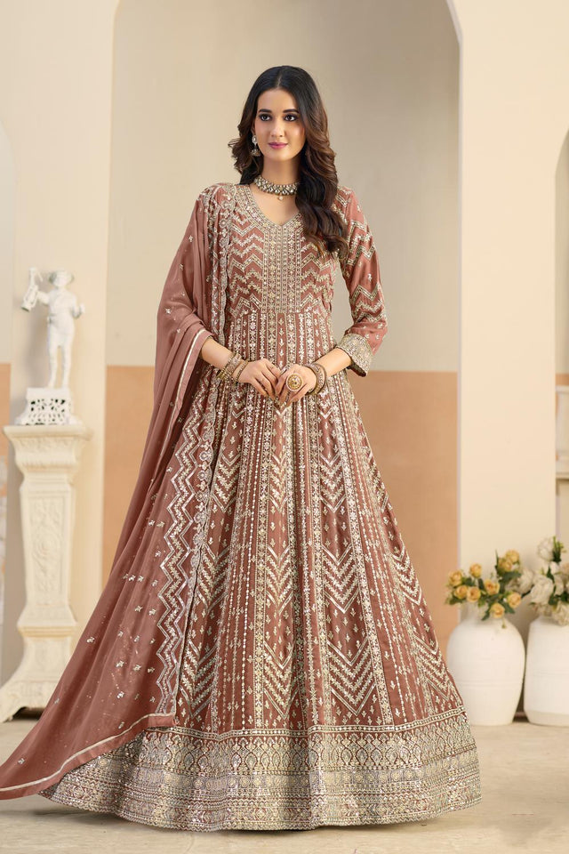 Rust Sequin with Embroidered Georgette Gown (ACA5797)