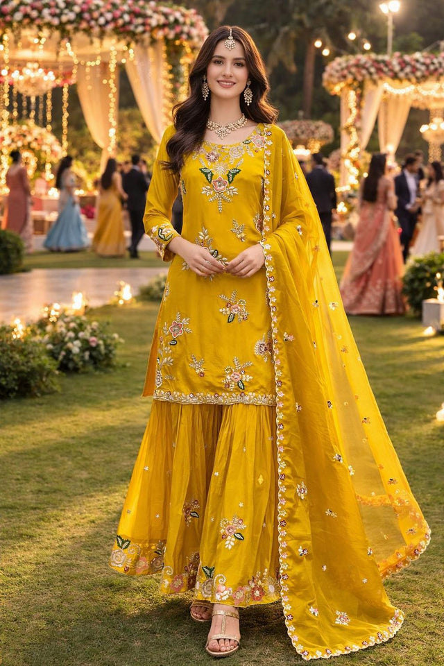 Mustard Floral Embroidered Crepe Sharara Suits (ACA5814)