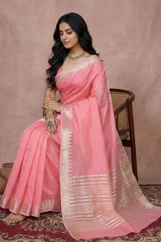 Pink Woven Cotton Saree (ACA5818)