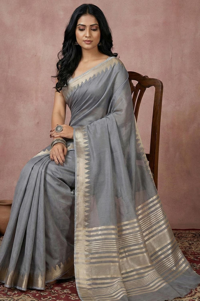 Grey Woven Cotton Saree (ACA5821)