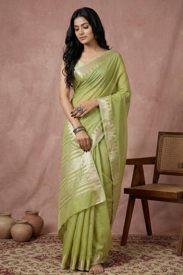 Green Woven Cotton Saree (ACA5823)