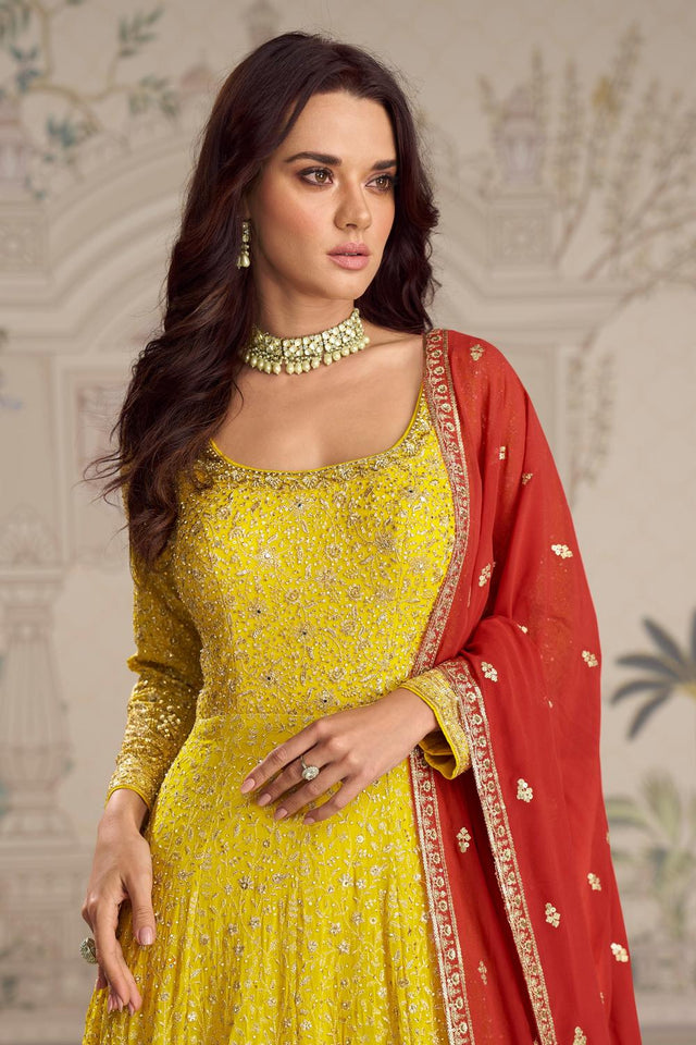Yellow Sequin with Embroidered Georgette Gown (ACA5834)