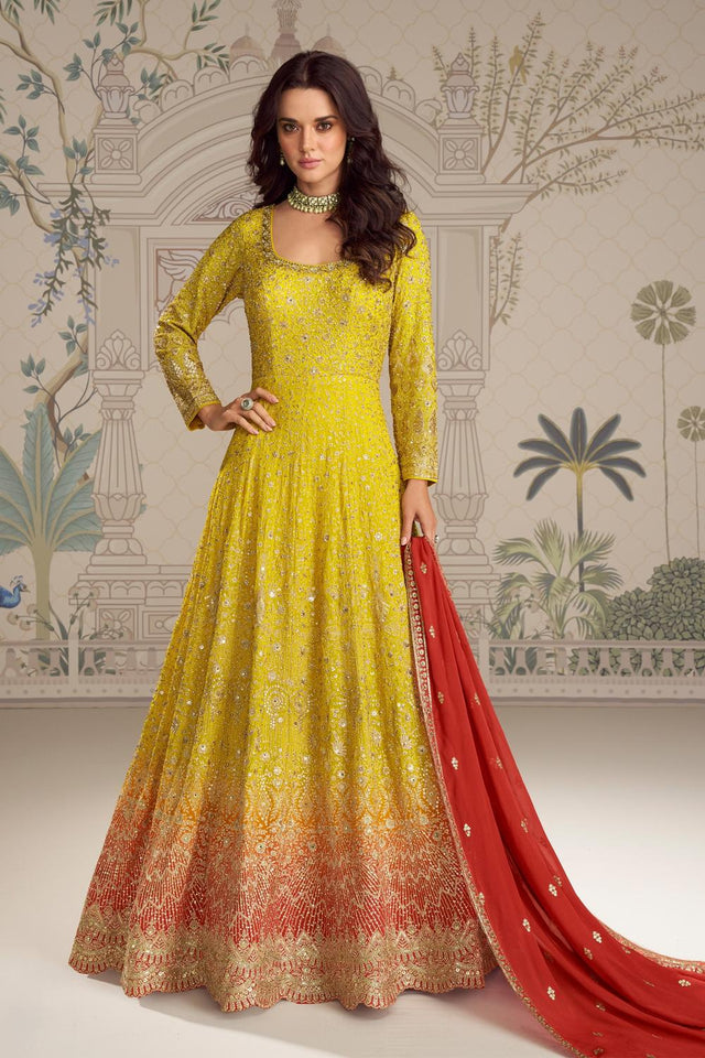 Yellow Sequin with Embroidered Georgette Gown (ACA5834)