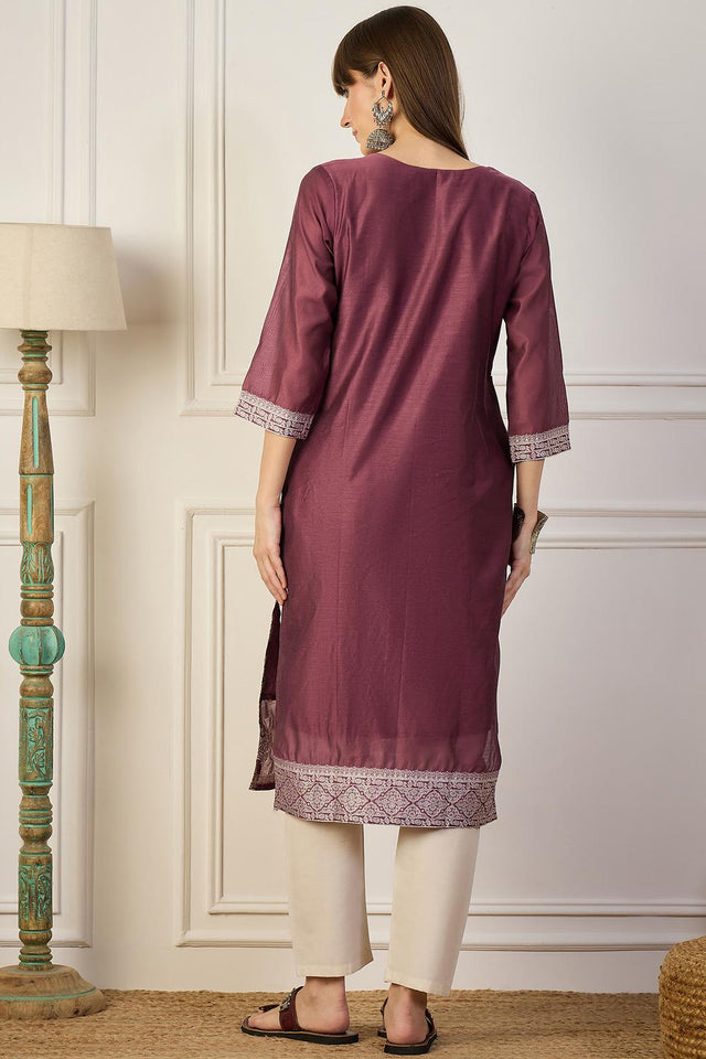 Lavender Floral Embroidered Cotton Silk Long Kurtis (ACA5838)
