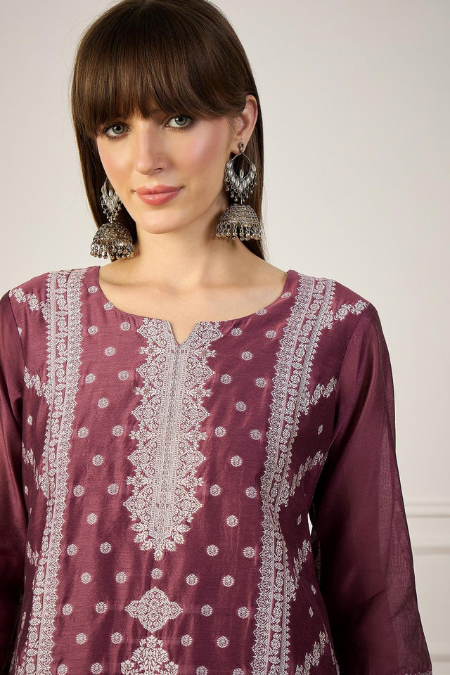Lavender Floral Embroidered Cotton Silk Long Kurtis (ACA5838)