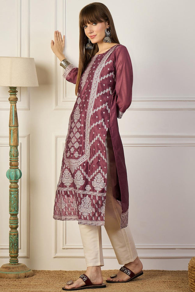 Lavender Floral Embroidered Cotton Silk Long Kurtis (ACA5838)