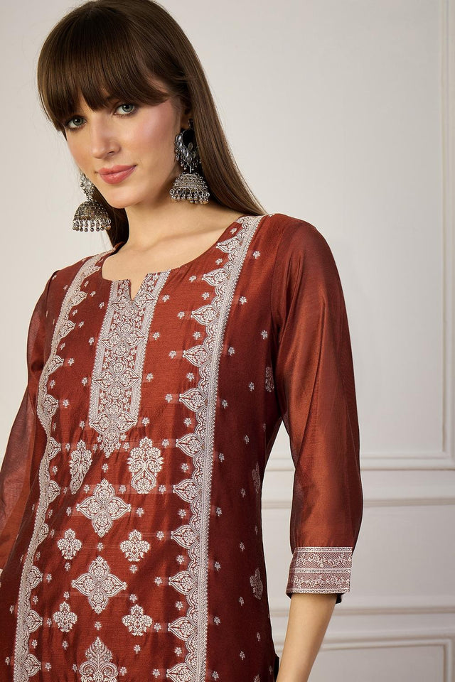 Orange Floral Embroidered Cotton Silk Long Kurtis (ACA5839)