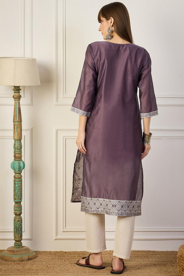 Violet Floral Embroidered Cotton Silk Long Kurtis (ACA5840)