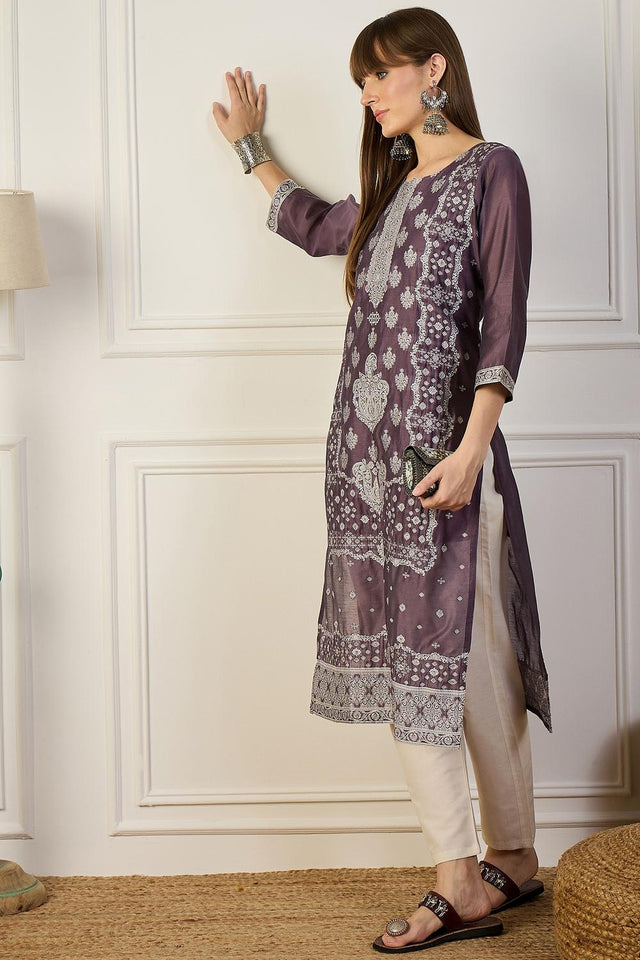 Violet Floral Embroidered Cotton Silk Long Kurtis (ACA5840)
