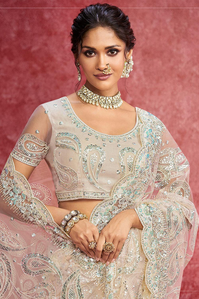 Off White Sequin with Embroidered Net Saree (ACA5841)