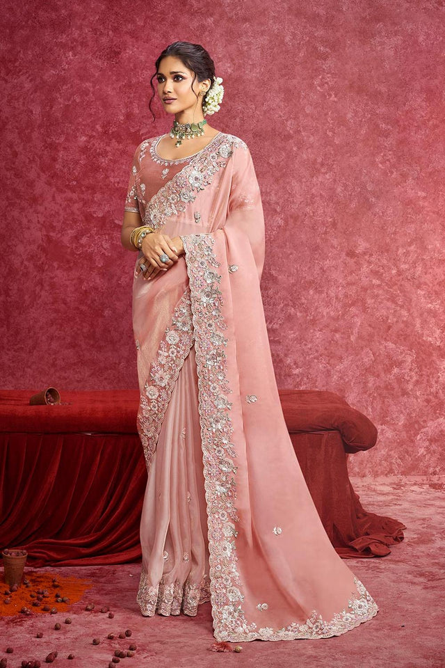 Peach Sequin with Embroidered Chiffon Saree (ACA5842)