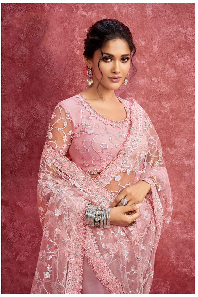 Pink Sequin with Embroidered Net Saree (ACA5846)