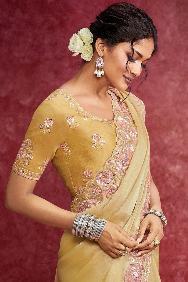 Yellow Sequin with Embroidered Satin Saree (ACA5847)