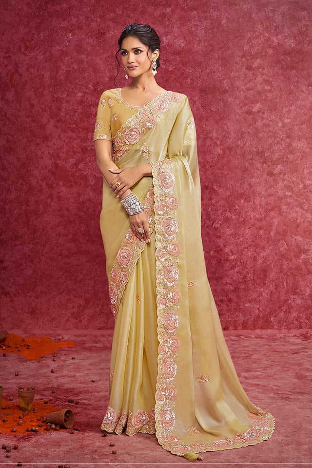 Yellow Sequin with Embroidered Satin Saree (ACA5847)