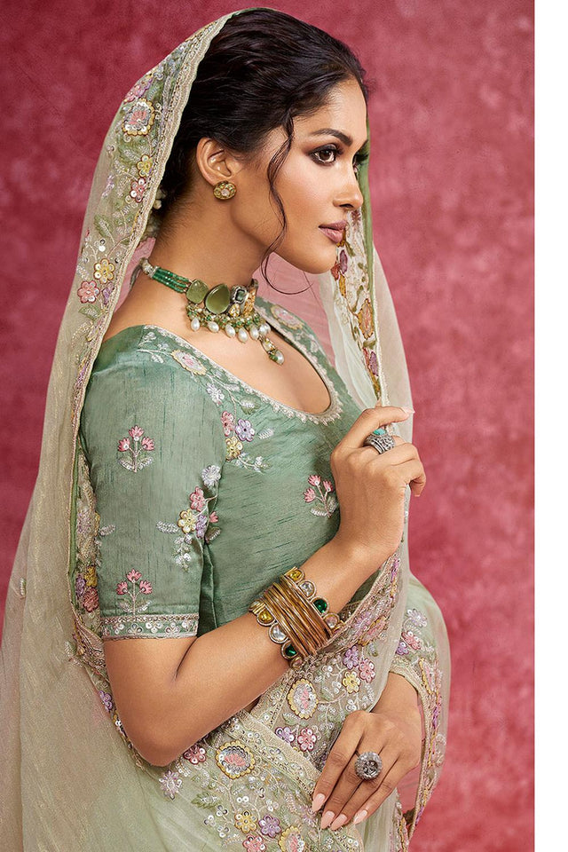 Green Sequin with Embroidered Organza Saree (ACA5849)