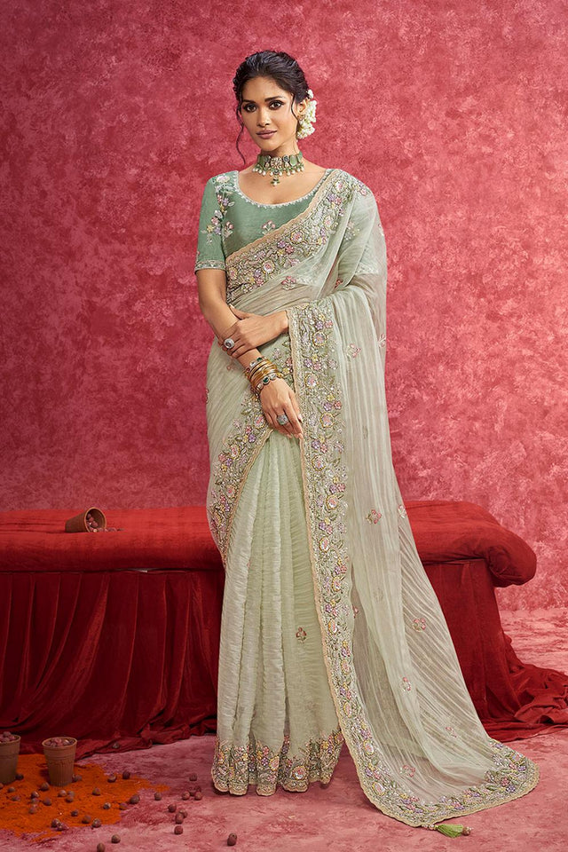 Green Sequin with Embroidered Organza Saree (ACA5849)