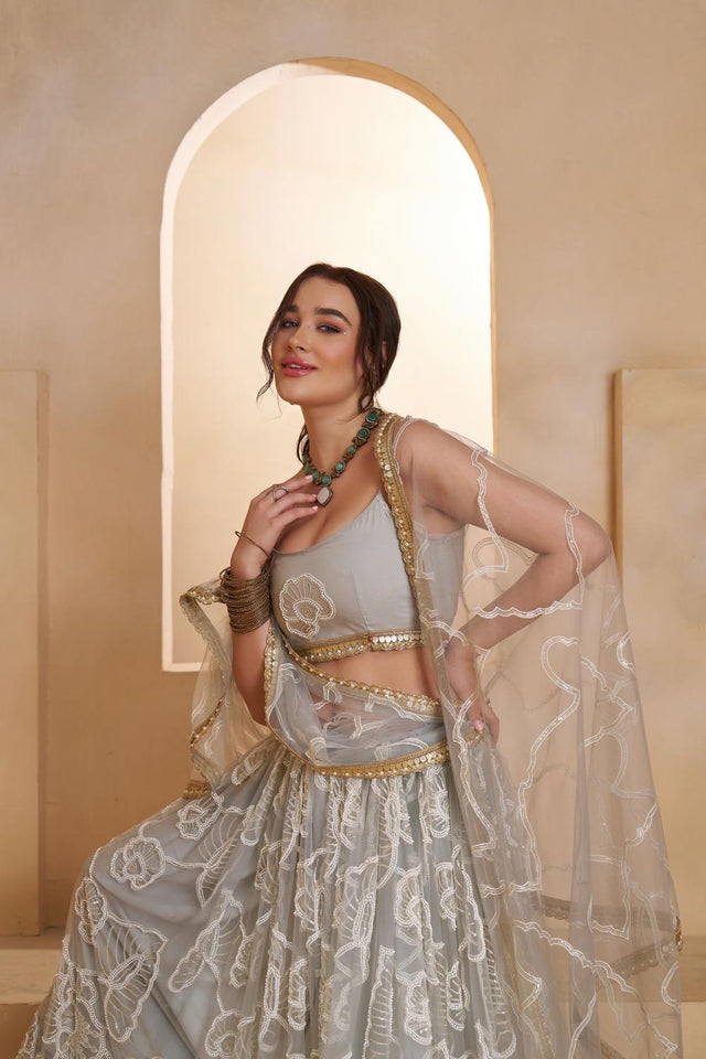Grey Sequin with Embroidered Net Lehenga (ACA5854)