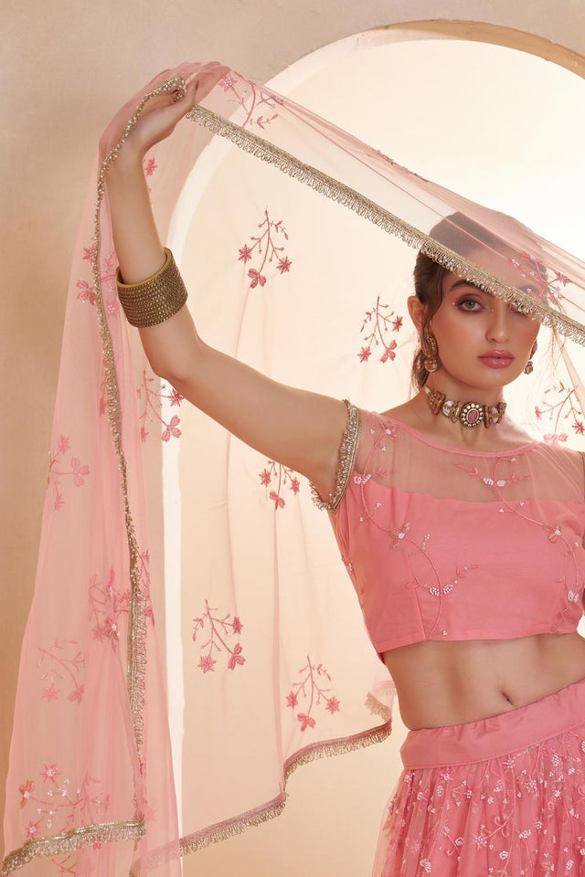 Pink Sequin with Embroidered Net Lehenga (ACA5855)