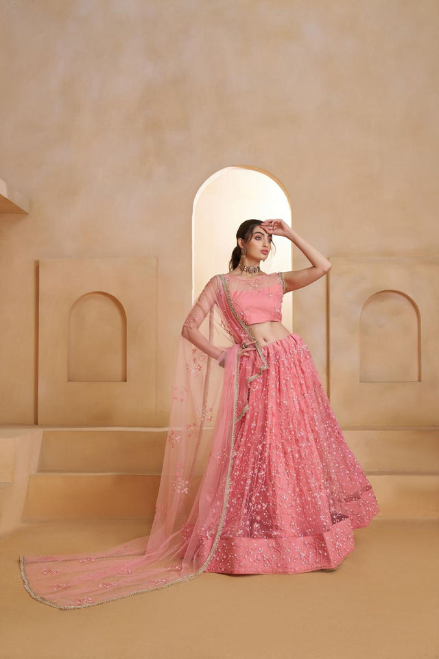 Pink Sequin with Embroidered Net Lehenga (ACA5855)
