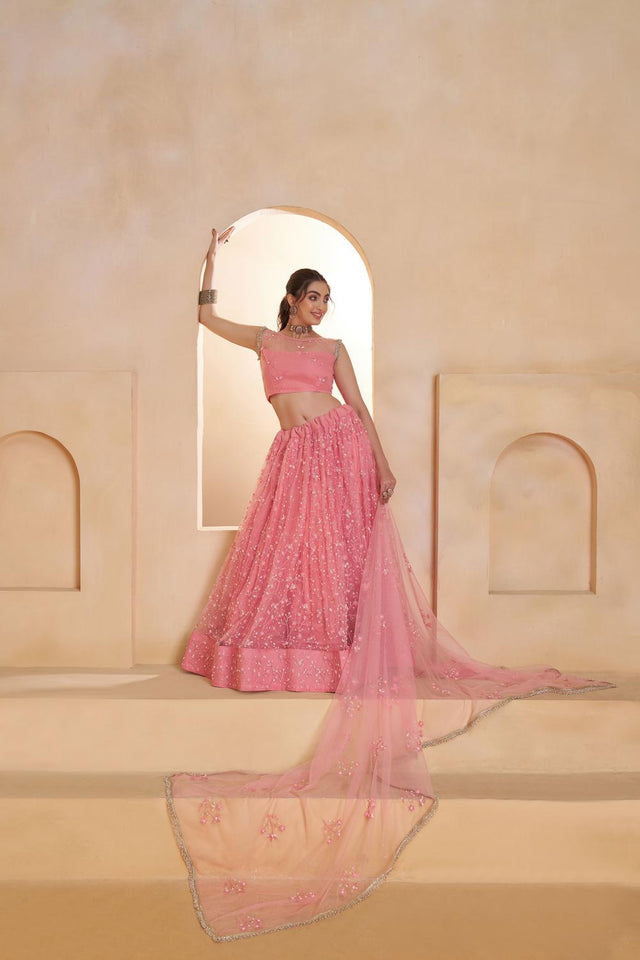 Pink Sequin with Embroidered Net Lehenga (ACA5855)