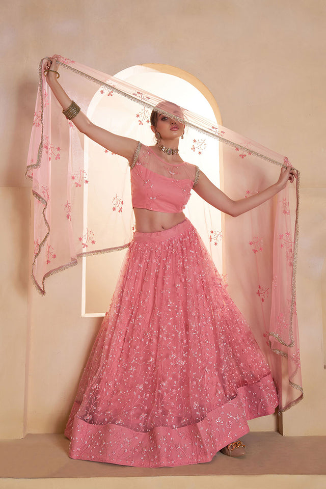 Pink Sequin with Embroidered Net Lehenga (ACA5855)
