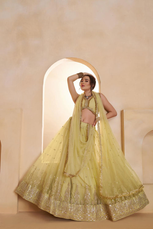 Yellow Sequin with Embroidered Net Lehenga (ACA5856)