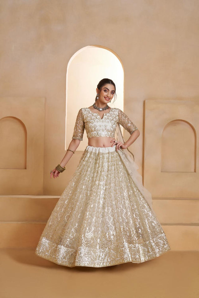Off White Sequin with Embroidered Net Lehenga (ACA5857)