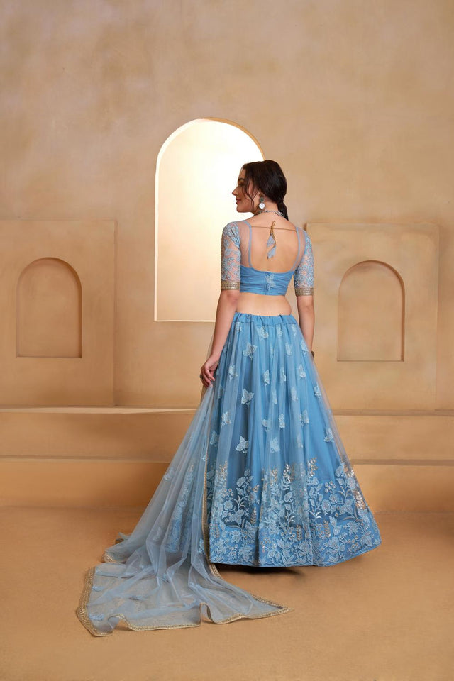 Blue Sequin with Embroidered Net Lehenga (ACA5858)