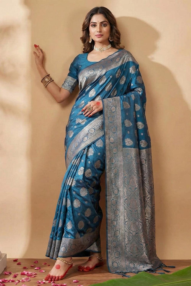 Turquoise Woven Silk Blend Saree (ACA5859)