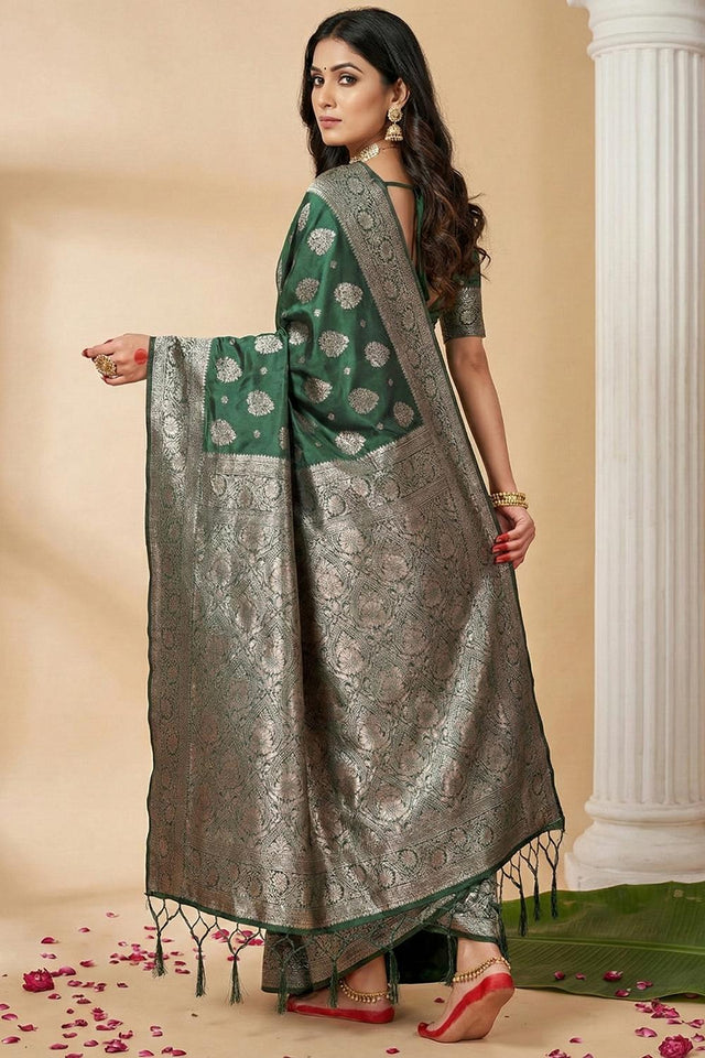 Dark Green Woven Silk Blend Saree (ACA5860)