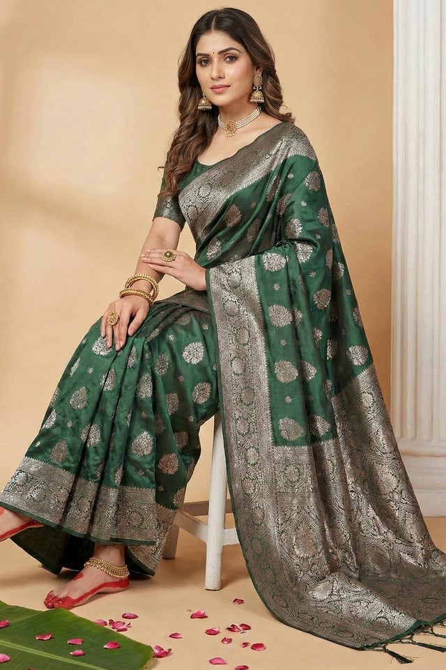 Dark Green Woven Silk Blend Saree (ACA5860)