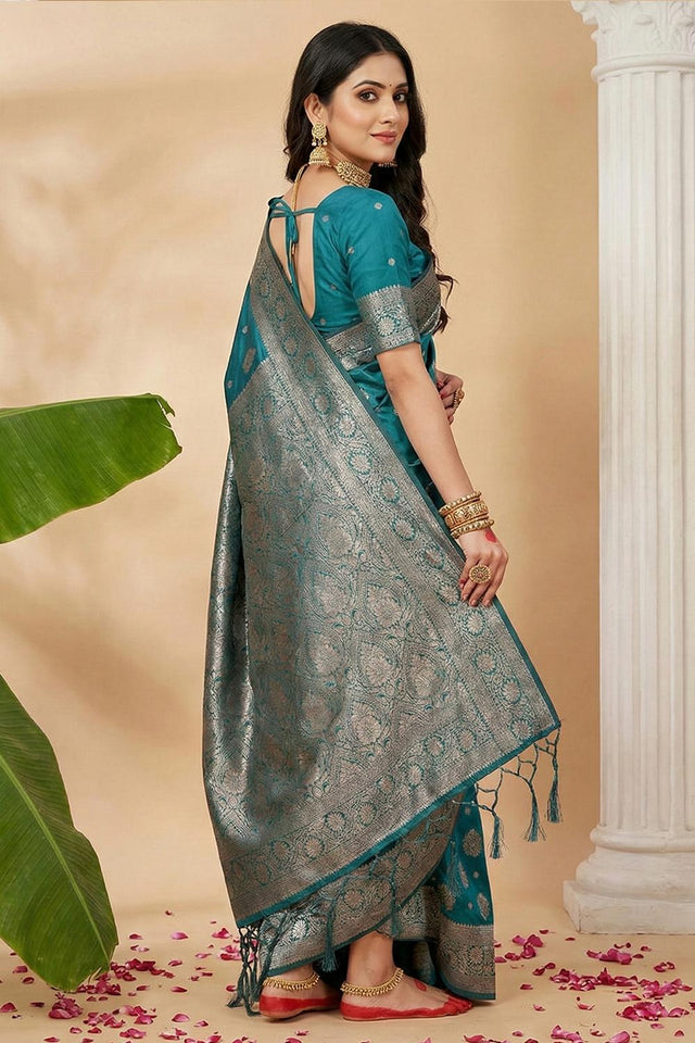 Sea Green Woven Silk Blend Saree (ACA5863)